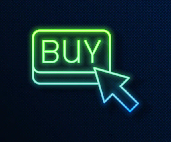 Linha de néon brilhante Comprar ícone de botão isolado no fundo azul. Conceito de mercado financeiro e de investimento de ações. Vetor —  Vetores de Stock