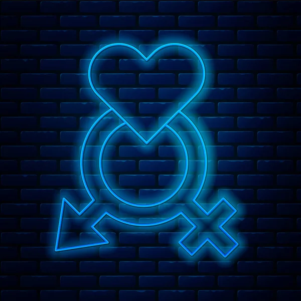 Glowing neon line Gender icon isolated on brick wall background. Symbols of men and women. Sex symbol. Vector — Stock Vector