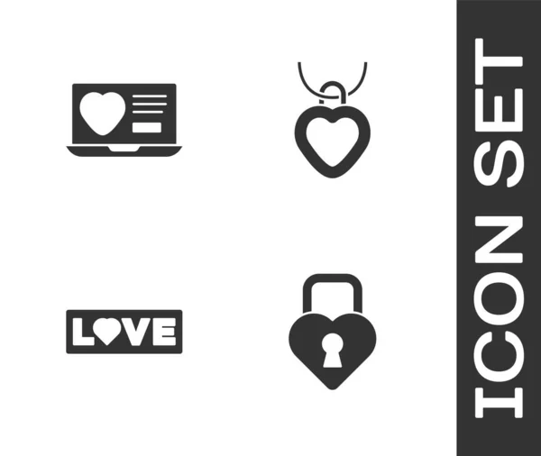 Zestaw Zamek w kształcie serca, Dating app online, Love text i naszyjnik z ikoną w kształcie. Wektor — Wektor stockowy