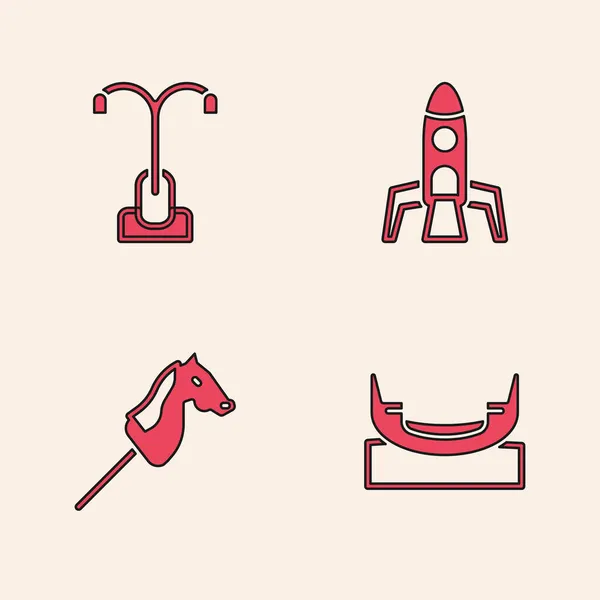 Set Boat swing, luz de rua, foguete e ícone de cavalo de brinquedo. Vetor — Vetor de Stock
