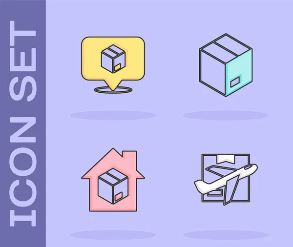 Set Plano y caja de cartón, ubicación con, servicios de entrega a domicilio e icono de cartón. Vector — Archivo Imágenes Vectoriales