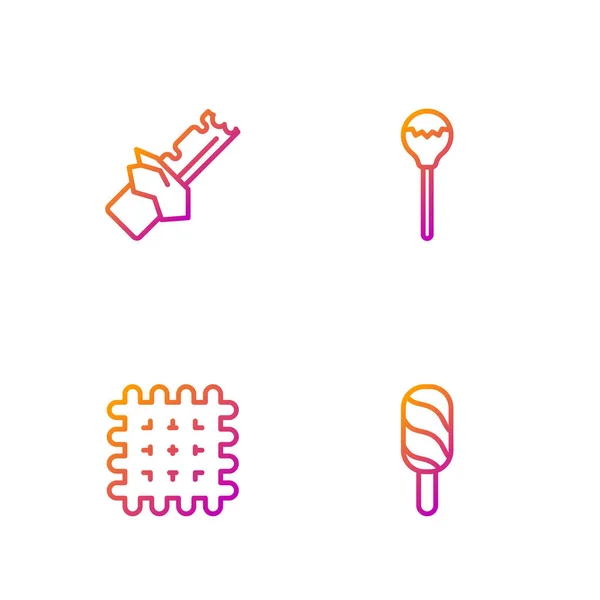 Set line Helado, Galleta de galleta, Barra de chocolate mordida y piruleta. Iconos de color degradado. Vector — Vector de stock