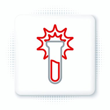Beyaz arkaplanda çizgi test tüpü ve matara simgesi izole edildi. Kimyasal laboratuvar testi. Laboratuvar camları. Renkli taslak konsepti. Vektör.
