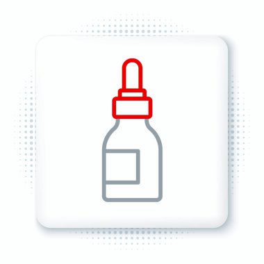 Beyaz arka planda çizgi sakalı ve bıyıklı yağ şişesi simgesi var. Pipetli cam şişe. Renkli taslak konsepti. Vektör