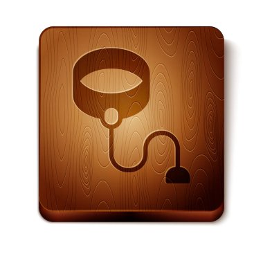 Kahverengi geri çekilebilir ip tasması ve beyaz arka planda izole edilmiş karabina simgesi. Evcil köpek liderliği. Açık hava yürüyüşü için hayvan aksesuarı. Tahta kare düğme. Vektör.