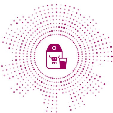 Beyaz arka planda izole edilmiş süt ve cam ikon için mor kağıt paketi. Süt paketi işareti. Soyut çember rastgele noktalar. Vektör.