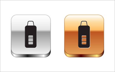 Tıbbi inceleme ikonu için siyah medikal termometre beyaz arka planda izole edildi. Gümüş ve altın kare düğmeler. Vektör