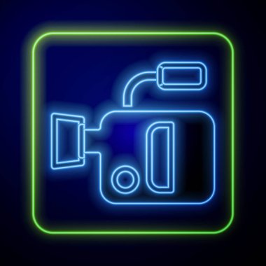 Parlayan neon sinema kamera ikonu mavi arkaplanda izole edildi. Video kamera. Film tabelası. Film projektörü. Vektör