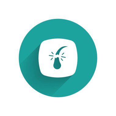 Kırık beyaz saç kökü ikonu uzun gölge arkaplanı ile izole edilmiş. Saç bakımı tedavisi. Yeşil daire düğmesi. Vektör