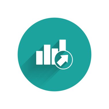 Beyaz Finansal büyüme ikonu uzun gölgeli arka planda izole edildi. Gelirleri arttırıyorum. Yeşil daire düğmesi. Vektör