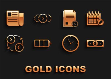 Batarya şarj seviyesi göstergesi, takvim, kağıt para, saat, para değişimi, finans belgesi, dolar sembollü dosya ve sikke ayarlayın. Vektör