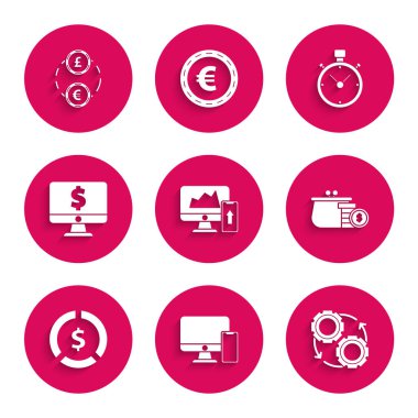 Finansal şemayı ya da grafiği bilgisayar monitörü ve cep telefonuna, Gear oklarını iş akışı süreci konsepti olarak, cüzdanı bozuk paralarla, para dolar sembolünü, Kronometre ve Para Takas simgesini ayarlayın. Vektör