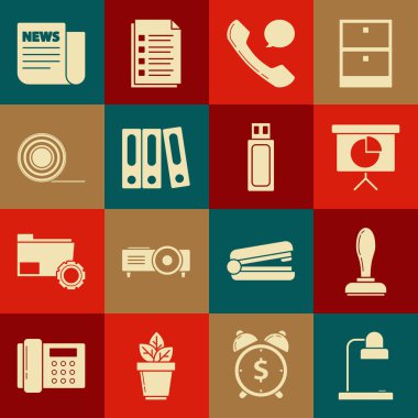 Masa lambası, çizelge, şema, bilgi grafiği, pasta grafiği, telefon ahizesi ve konuşma balonu sohbeti, ofis dosyaları belgeleri, Scotch, News ve USB flaş bellek simgesi. Vektör