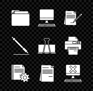 Belge dizinini ayarla, klavyeli bilgisayar monitörü, boş defter ve silgi, ayarlar dişlileri, Dosya belgesi, x işareti, kalem satırı ve Binder klipsi simgesi. Vektör
