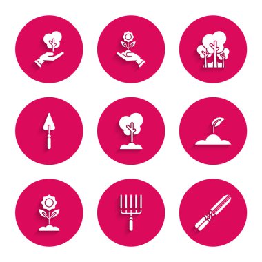 Ağacı yere ser, bahçe tırmığı işi, bahçe makası budamak için, filiz, çiçek, kürek, ağaçlar ve çevre koruma ikonu. Vektör