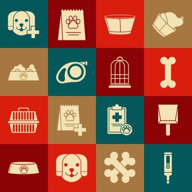 Tıbbi termometre, faraş, köpek kemiği, koruyucu koni tasması, karabinalı geri çekilebilir ip tasması kedi köpek için evcil et kasesi, veteriner kliniği sembolü ve kafes kuşları ikonu. Vektör