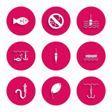 Balıkçılığı, kaşığı, suyun altına kancayı, oltayı, oltayı, solucanı ve ikonu hazırla. Vektör