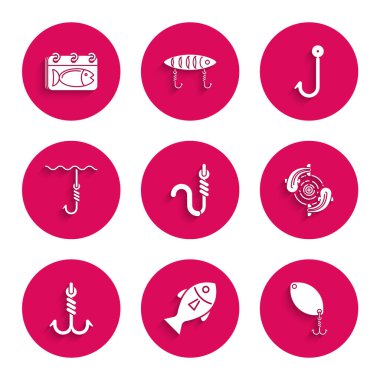 Balık oltasını ve solucanı, kaşığı suyun altına ve takvimi balık ikonuyla ayarla. Vektör