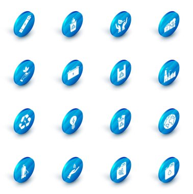 Geri dönüşüm kutusunu geri dönüşüm sembolüyle çevreci çevre koruması Eko-dost ev Bitki Bataryası Araba Fabrikası ve Plastik torba ikonu ile ayarla. Vektör.