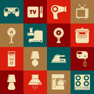 Gaz sobası, elektrikli mikser, yavaş pişirme makinesi, saç kurutma makinesi, mutfak kıyma makinesi, fan, oyun platformu ve web kamera ikonu. Vektör