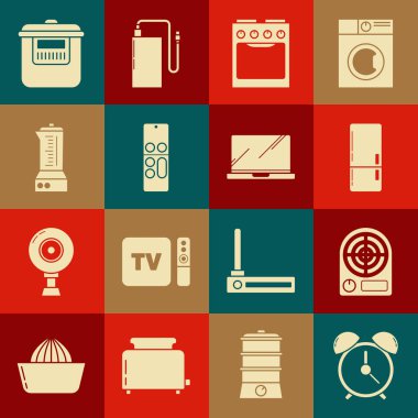 Alarm saatini, elektrikli ısıtıcıyı, buzdolabını, fırını, uzaktan kumandayı, karıştırıcıyı, yavaş pişireni ve dizüstü bilgisayar simgesini ayarla. Vektör