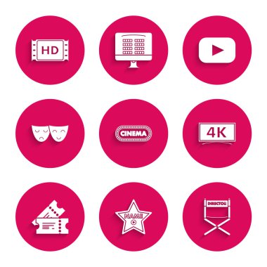 Hollywood 'un ünlü bulvarı, yönetmen koltuğu, komedi ve trajedi maskesi oyunları ve 4k film kaset çerçevesi ikonu üzerinde ünlü bir yıldız yürüyüşü tasarımı yapın. Vektör.