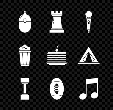 Bilgisayar faresi, satranç sembolü, mikrofon, Dumbbell, Amerikan futbolu, nota, ton, karton kutuda patlamış mısır ve kek ikonu. Vektör