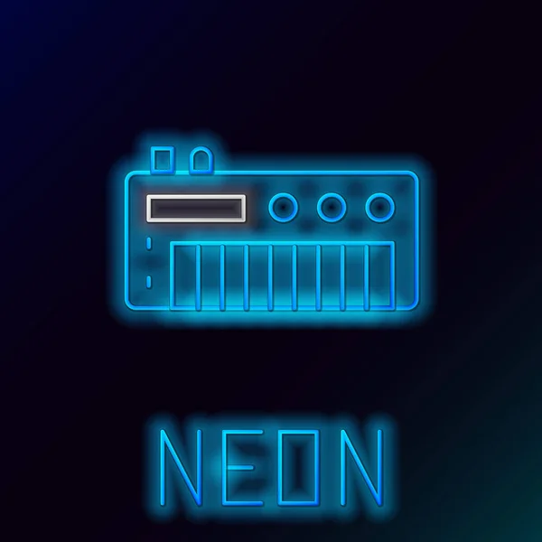 Gloeiende Neon Lijn Muziek Synthesizer Pictogram Geïsoleerd Zwarte Achtergrond Elektronische — Stockvector