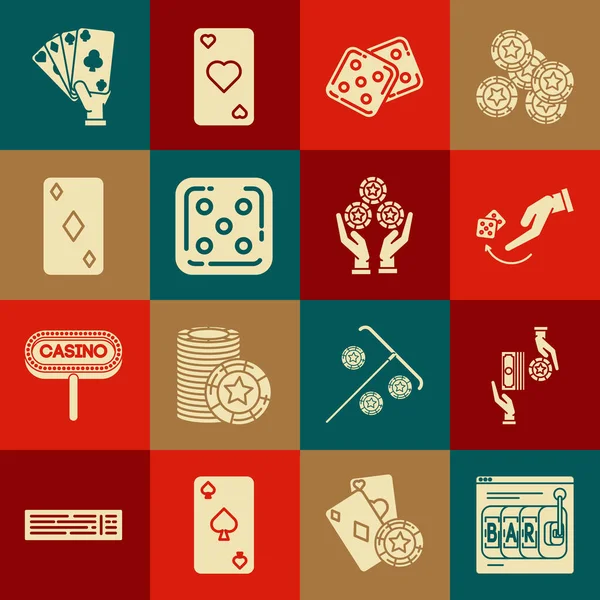 Set Casino Signboard, Dados De Jogo De Mão Humana, Deck De Cartas De Jogo,  Mão Segurando, Roda De Roleta, Máquina Caça-níqueis On-line Com Sorte Setes  Jackpot, Jogando E Ícone. Royalty Free SVG