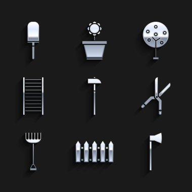 Çekiç, bahçe çitleri ahşap, ahşap balta, bahçe yapımı el yapımı makas tırmık, merdiven, ağaç ve kürek ikonu. Vektör