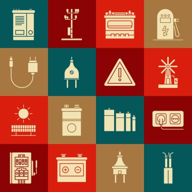 Elektrik kablosu, elektrik prizi, rüzgar türbini, araba aküsü, priz, şarj aleti ve ünlem üçgeni simgesini ayarla. Vektör