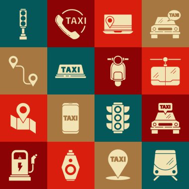 Tramvay ve demiryolu, taksi, kablo, konum işaretli dizüstü bilgisayar, çatı, rota, trafik ışığı ve Scooter ikonu ayarlayın. Vektör