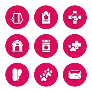 Köpek ilacı şişesi ve haplar, pati izi, konserve yiyecekler, veteriner kliniği sembolü, ev ve evcil hayvan çantası ikonu. Vektör