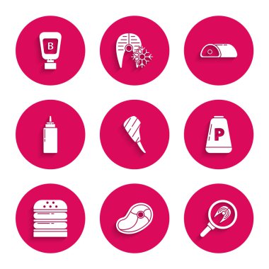 Pirzola bifteği, biftek, kızartma tavasında balık, biber, burger, sos şişesi, et ve ikon. Vektör