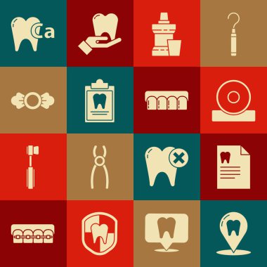 Diş sağlığı kliniğinin yerini belirle, diş kartlı pano, Otolaryngological baş yansıtıcı, ağız gargargarası plastik şişe, Candy, diş ve takma dişler için kalsiyum ikonu. Vektör