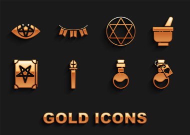 Sihirli değnek, havan topu, aşk iksiri şişesi, Antik sihirli kitap, Davut Yıldızı, Pentagram ve Karnaval çelengi ikonu. Vektör