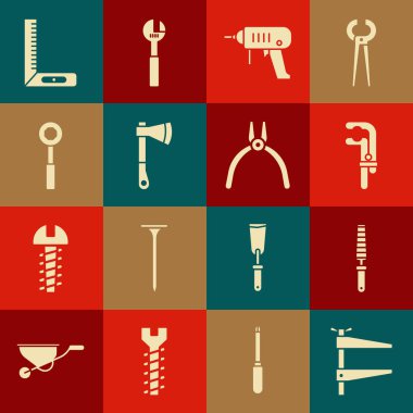 Klemp aleti, tahta keskisi, elektrikli matkap, tahta balta, İngiliz anahtarı, köşe cetvel ve kerpeten simgesi. Vektör