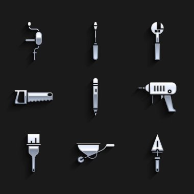 Kalemi silgi, el arabası, mala, elektrikli matkap, boya fırçası, el testeresi, ayarlanabilir anahtar ve simgeyle ayarla. Vektör