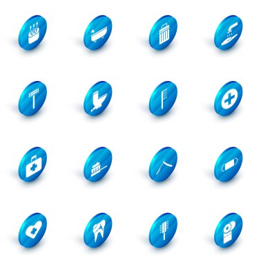 Küvet, çöp tenekesi, sabunla el yıkama, tıraş bıçağı, ilk yardım çantası, klozet, haç hastanesi ve saç fırçası ikonu. Vektör