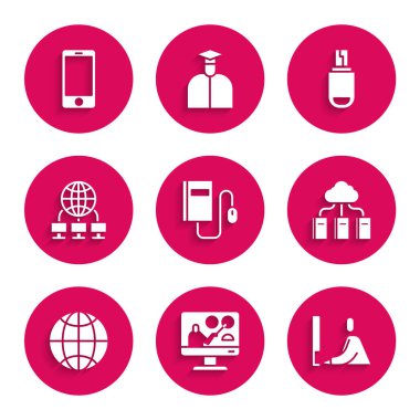 Elektronik kitabı fare, Çevrimiçi eğitim, Öğrenci çalışan dizüstü bilgisayar, Bulut çevrimiçi kütüphanesi, Sosyal ağ, Bilgisayar, USB flash disk ve cep telefonu simgesi ile ayarla. Vektör