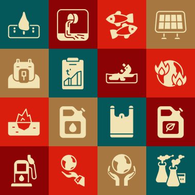 Fabrikadan dumanı, biyolojik yakıt tüpünü, küresel ısınma ateşini, ölü balığı, kutup ayısı başını, ormansızlaşmayı ve enkaz halindeki petrol tankeri ikonunu ayarlayın. Vektör