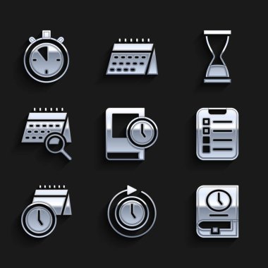 Kitap için Zamanı Ayarla, Oklu Saat, liste planlama, takvim ve saat, arama, Eski kum saati ve Kum Saati simgesi. Vektör