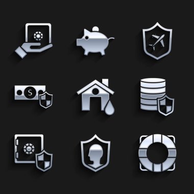 Evi sel bassın, hayat sigortası kalkanlı, Lifebuoy, Para, Güvenli, uçak ve el ikonu olsun. Vektör