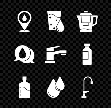 Su damlasını konuma getir, cam su, sürahi filtre, büyük şişe temiz, musluk suyu ve ikon. Vektör