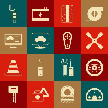 Hız göstergesi, direksiyon, İngiliz anahtarı, araba lastiği, servis, arabanın tanısal durumu, egzoz ve zaman ayarlı kemer kiti ikonu. Vektör