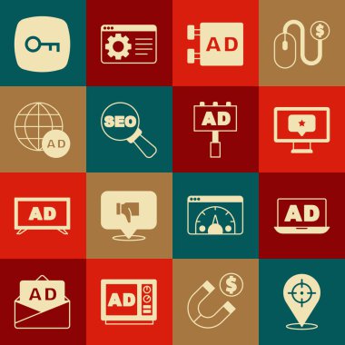 Hedefi, Reklamcılığı, Yıldızlı İzleyiciyi, SEO optimizasyonunu, Anahtar ve simgeyi ayarla. Vektör