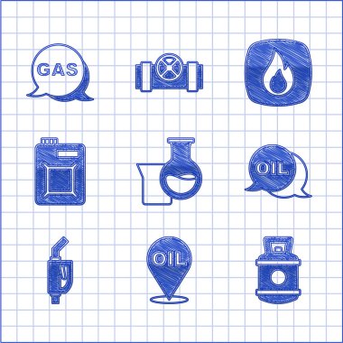 Petrol test tüpünü, yakıt doldurma yerini, propan yakıt deposunu, kelime yağını, benzin pompası enjektörünü, motor, yangın alevi, konum ve istasyon simgesini ayarlayın. Vektör
