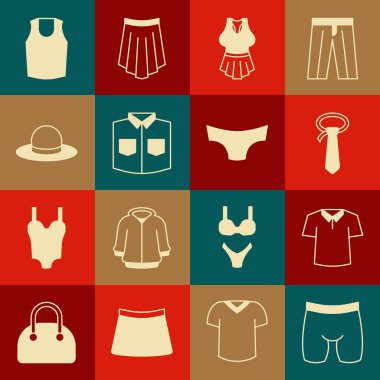 Bisiklet şortu, gömlek, kravat, atlet, erkek şapkası ve erkek iç çamaşırı ikonu. Vektör