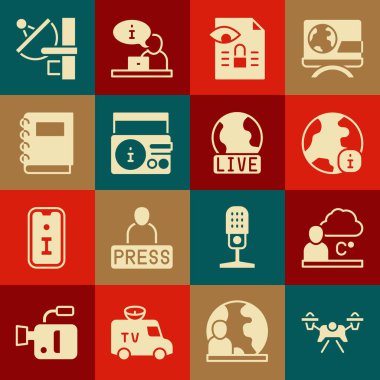 Drone, Hava Durumu, Dünya Haberleri, Gazetecilik soruşturması, Haber Radyosu, Not Defteri, Radar ve Canlı Rapor ikonu. Vektör