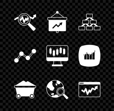 Arama veri analizini ayarla, grafikli pano, hiyerarşi organogramı, kömür madeni tramvayı, dünya, grafik bilgisi ve borsa büyüme grafikleri simgesi. Vektör
